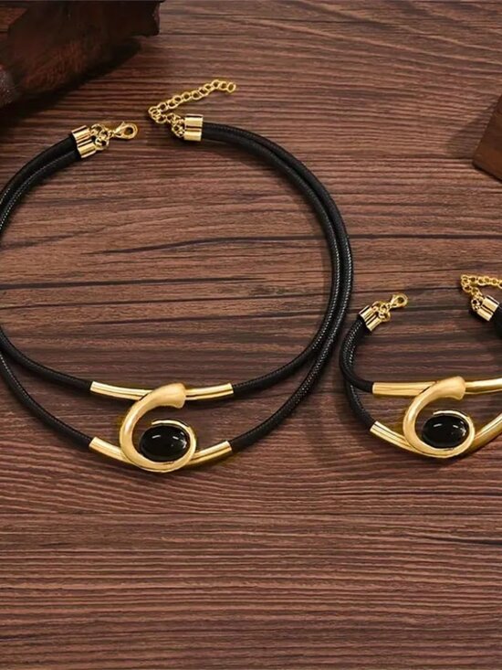 Gold Jewelry Set, Bohemian Double-Layer Black Rope With Oval Black Acrylic Penda - Picture 2 of 7